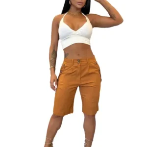 Short Linho Femenino Com Botoes Caramelo